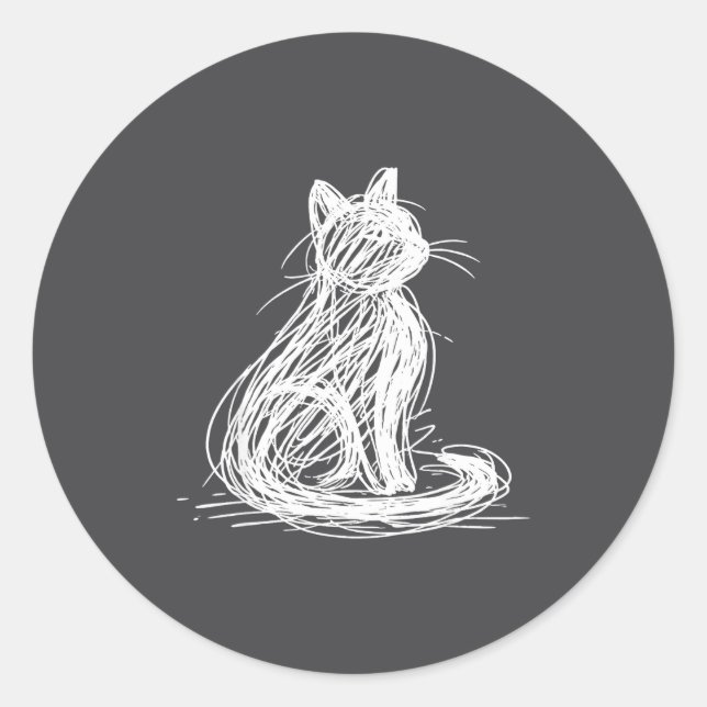 Sticker Rond Scribble Cat Minimal Line Art Japanese  (Devant)