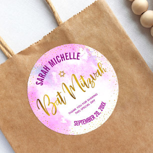 Sticker Rond Script bat mitzvah Gold Foil sur Aquarelle rose