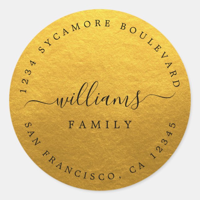 Sticker Rond Script Chic Nom de famille Gold Adresse de retour (Devant)