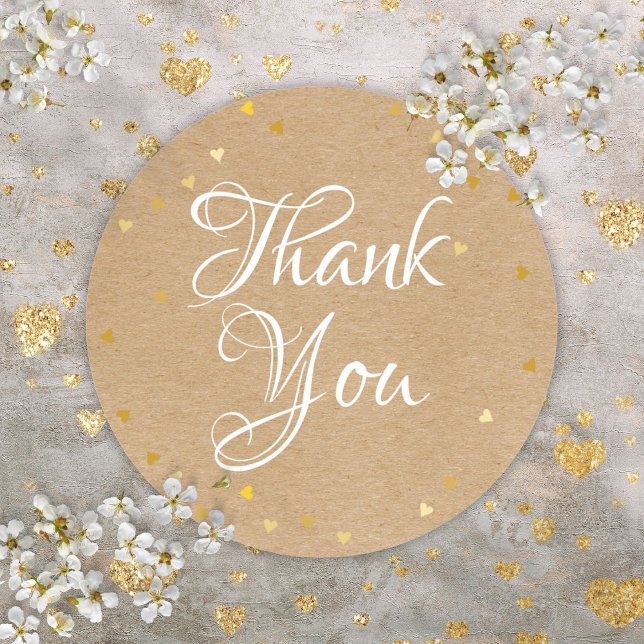Sticker Rond Script coeurs dorés Merci Kraft rustique Bohème (Gold Hearts Script Thank You Rustic Kraft Boho Classic Round Sticker)