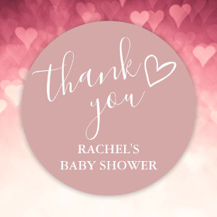 Sticker Rond Script de Baby Shower Dusty Rose Girl Heart Merci