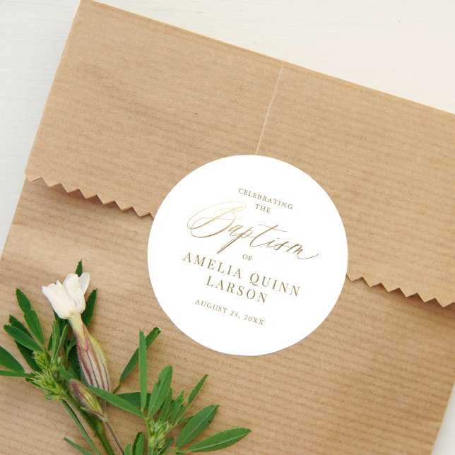 Sticker Rond Script de calligraphie or simple et élégant Baptêm (Créateur téléchargé)