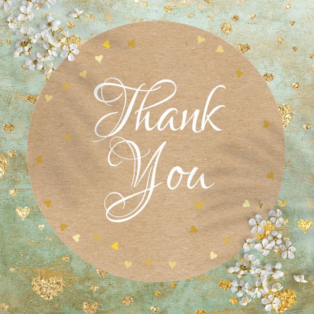 Sticker Rond Script de cœurs d'or Merci Kraft rustique Bohème (Gold Hearts Script Thank You Rustic Kraft Boho Classic Round Sticker)