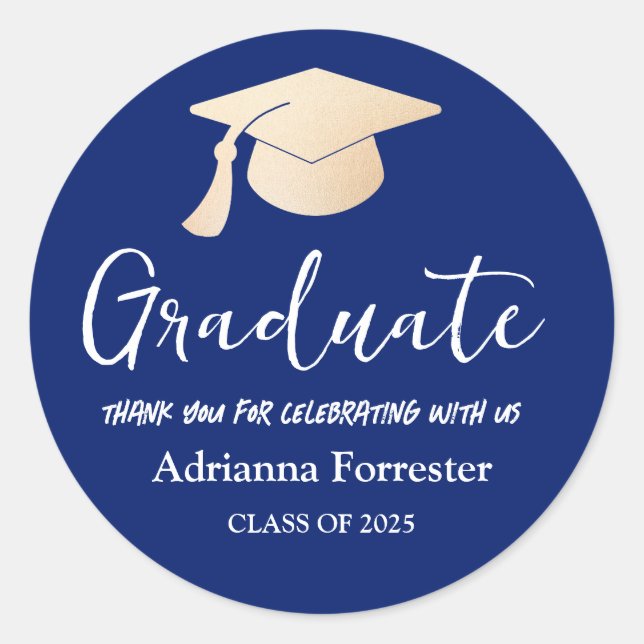 Sticker Rond Script de fin d'études | Grad Casquette | Bleu Mer (Devant)