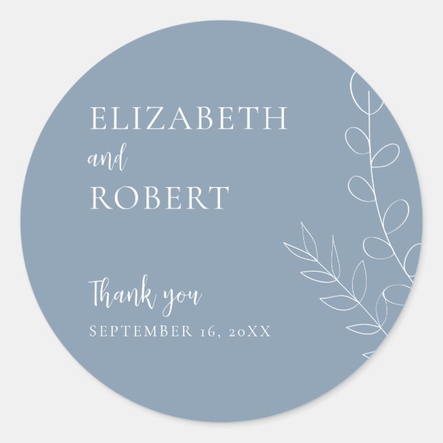 Sticker Rond Script de mariage bleu poussiéreux Élégant Minimal (Devant)