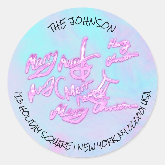 Sticker Rond Script de Noël rose Hologramme Adresse de retour (Devant)