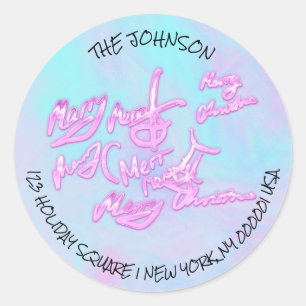 Sticker Rond Script de Noël rose Hologramme Adresse de retour