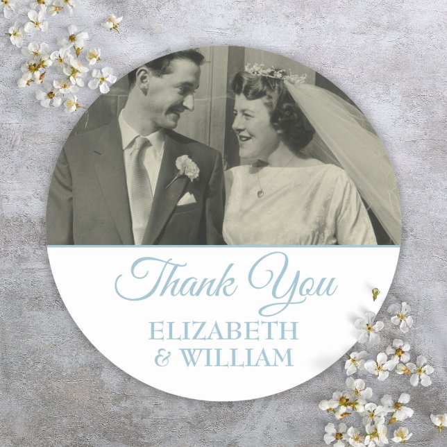 Sticker Rond Script de remerciement de photo pour anniversaire  (Photo Thank You Script Wedding Anniversary Classic Round Sticker)