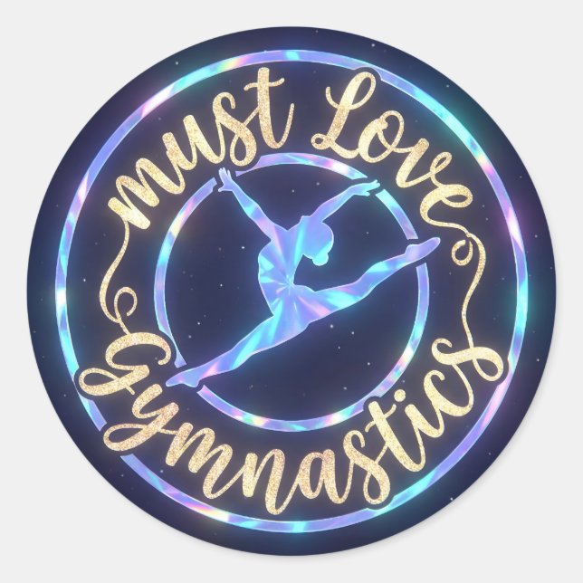 Sticker Rond Script doré scintillant doit aimer la gymnastique (Devant)
