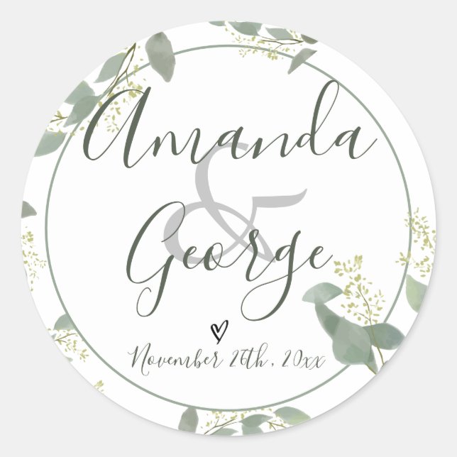 Sticker Rond Script élégant | Eucalyptus Feuilles | MARIAGE (Devant)