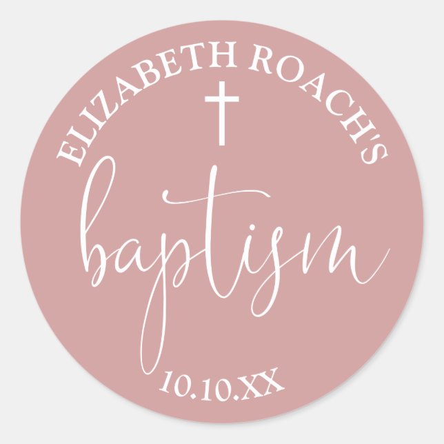 Sticker Rond Script élégant moderne Dusty Rose rose Baptême (Devant)