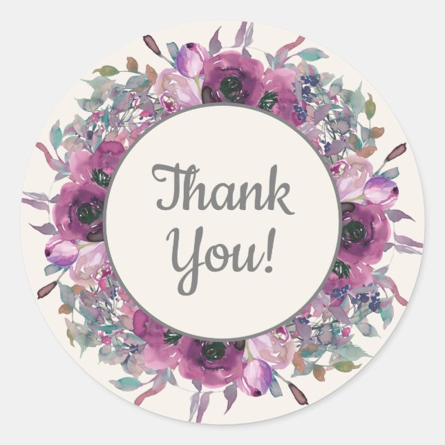 Sticker Rond Script Floral Aquarelle Violet Merci (Devant)