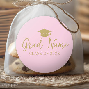 Sticker Rond Script Grad Name avec capuchon de graduation - Or