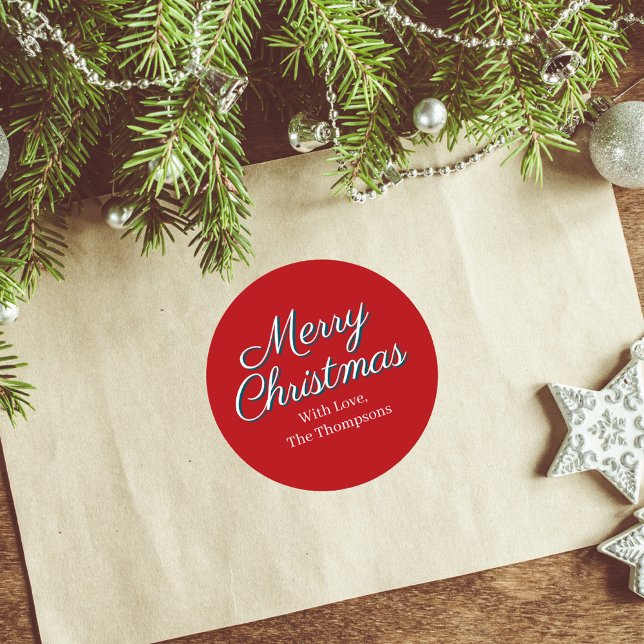 Sticker Rond Script Joyeux Noël Personnalisé  (Merry Christmas Calligraphy Script Red Sticker)