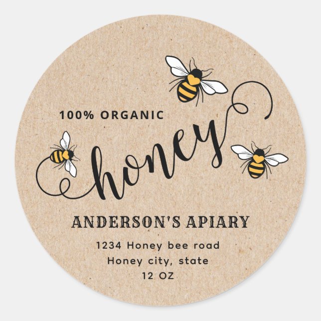 Sticker Rond Script kraft simple Honey bee apiary (Devant)