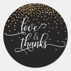 Sticker Rond Script Love & Merci, Confettis Dorés sur Fond Noir