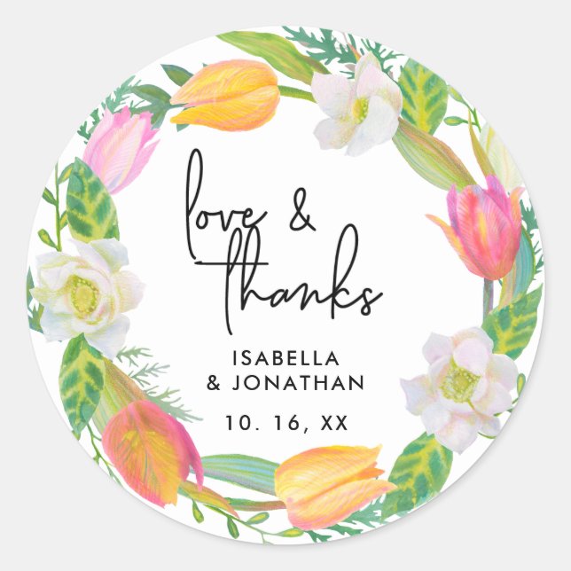 Sticker Rond Script Love & Merci Mariage Pink Tulip Floral (Devant)