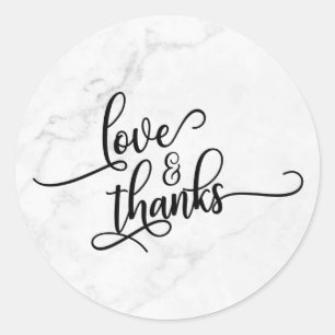 Sticker Rond Script Love & Merci sur Marbre Blanc