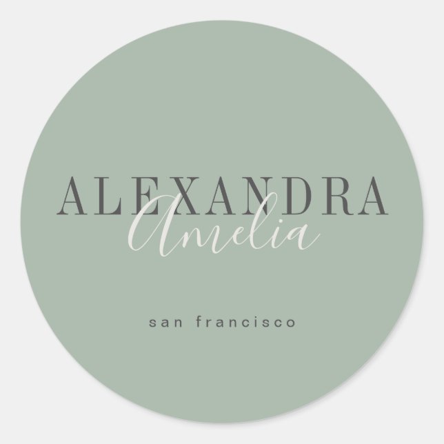 Sticker Rond Script minimaliste Boho Sage Green Custom Business (Devant)