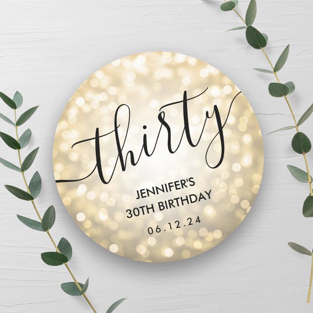 Sticker Rond Script moderne Gold Parties scintillant Lumières 3 (Modern Script Gold Glitter Lights 30th Birthday Classic Round Sticker)