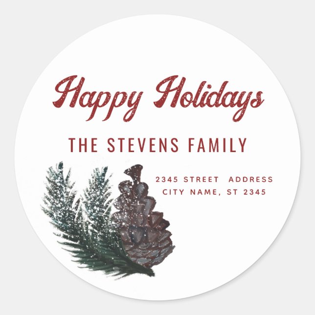 Sticker Rond Script moderne Happy Holiidays branche de cône de  (Devant)