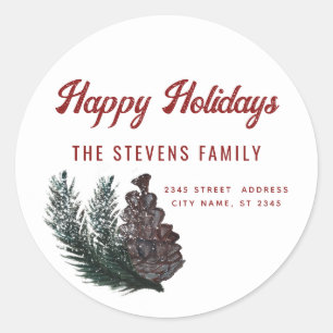 Sticker Rond Script moderne Happy Holiidays branche de cône de