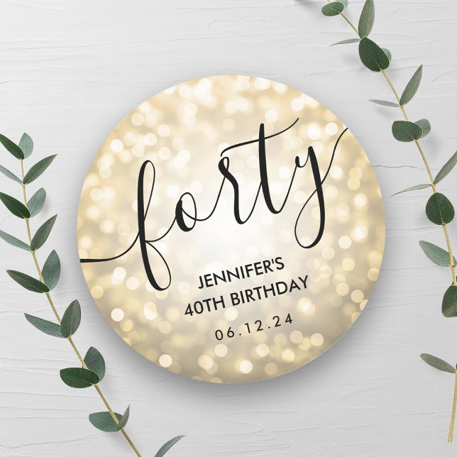 Sticker Rond Script moderne Lumières Parties scintillant or 40e (Modern Script Gold Glitter Lights 40th Birthday Classic Round Sticker)