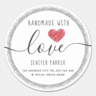 Sticker Rond Script moderne minimaliste coeur rouge fait main