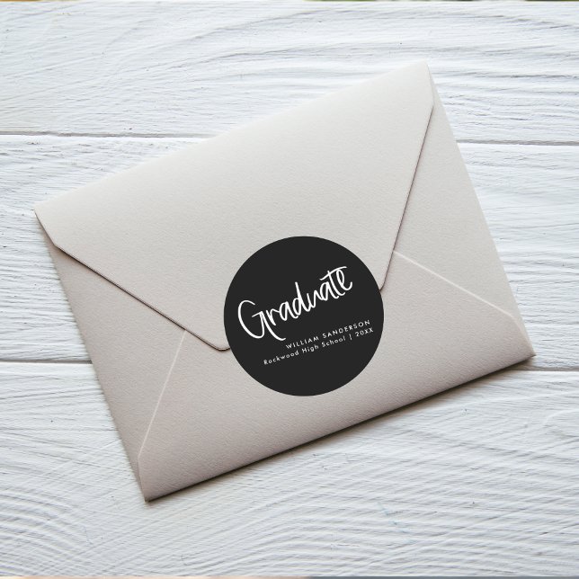 Sticker Rond Script moderne noir & blanc Graduation (Créateur téléchargé)