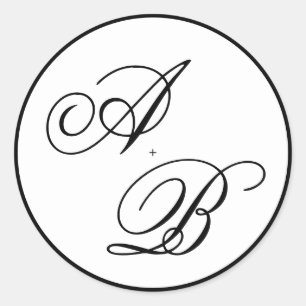Sticker Rond Script Monogramme classique Mariage noir et blanc