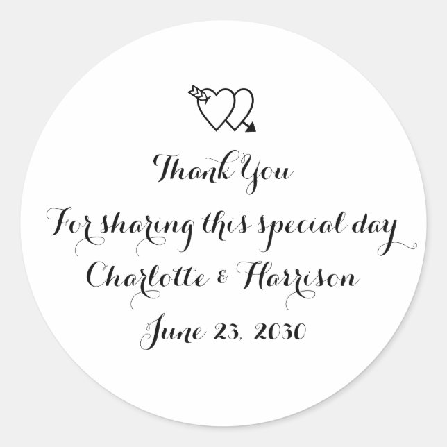 Sticker Rond Script noir coeur blanc Mariage cadeau faveur (Devant)