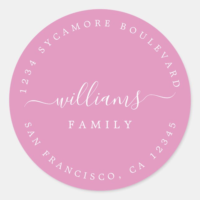 Sticker Rond Script Nom de famille Fuchsia Pink Adresse de reto (Devant)