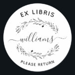 Sticker Rond Script Nom de famille Rustique Feuille Ex Libris L<br><div class="desc">Créez votre propre Feuille rustique Script Family Name Ex Libris Book bookplate avec notre modèle facile à utiliser ! Doté de feuilles rustiques dessinés à la main avec un script élégant et une typographie sans empattement simple. Cliquez simplement sur "Personnalisez ce modèle" et ajoutez votre nom de famille dans le...</div>