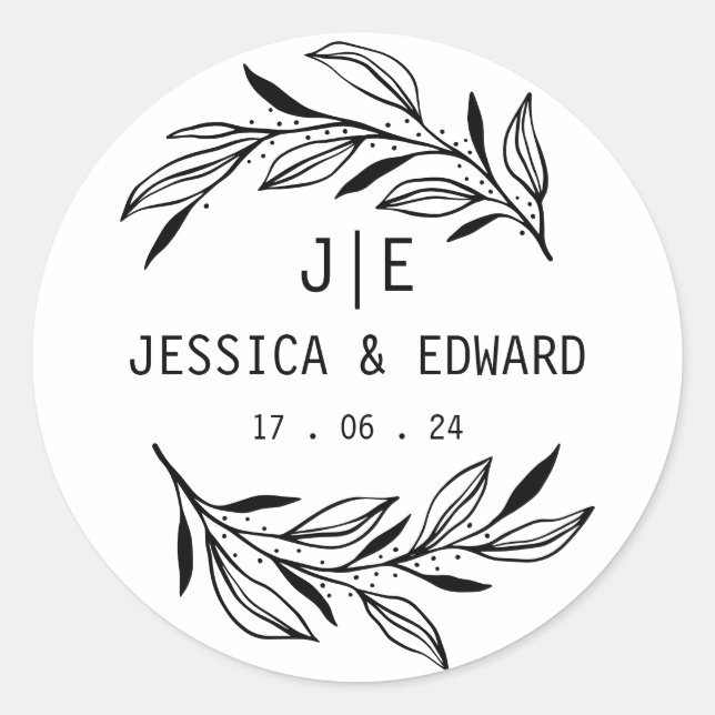 Sticker Rond Script Rustic Chic Leaf Ampersand Couple Initiales (Devant)