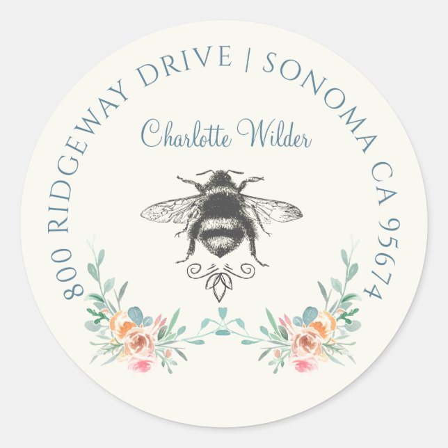 Sticker Rond Script Signature Personalized Bee Floral  (Devant)