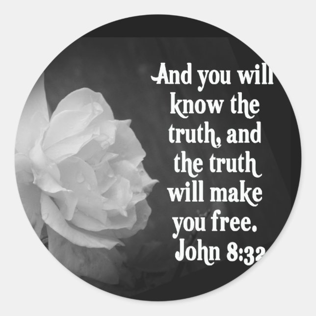 Sticker Rond SCRIPTURE John 8:32 Fleurs noires / blanches (Devant)