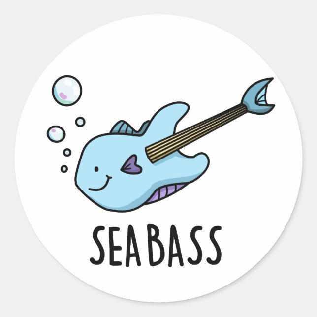 Sticker Rond Sea Bass Funny Bass Guitare Poisson Pun (Devant)
