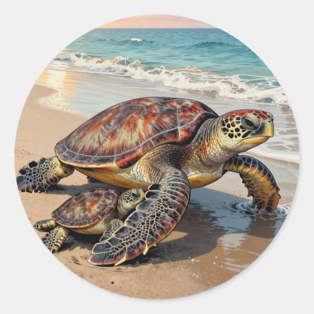 Sticker Rond Sea Turtle and Baby on Beach Illustration (Devant)