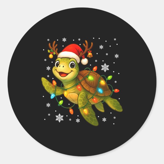Sticker Rond Sea Turtle Christmas Lights Funny Santa Hat Merry  (Devant)