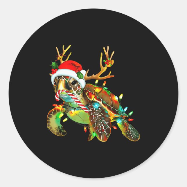 Sticker Rond Sea Turtle Christmas Lights Santa Hat Merry Christ (Devant)