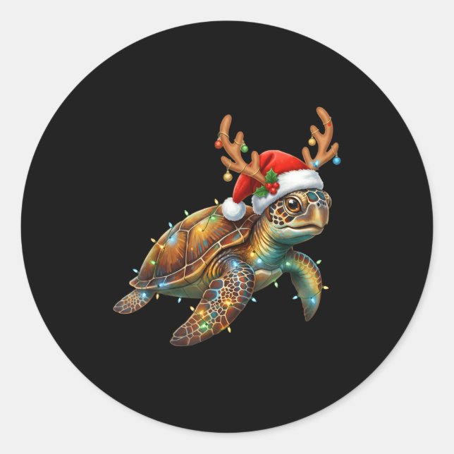 Sticker Rond Sea Turtle Christmas Lights Santa Hat Merry Christ (Devant)