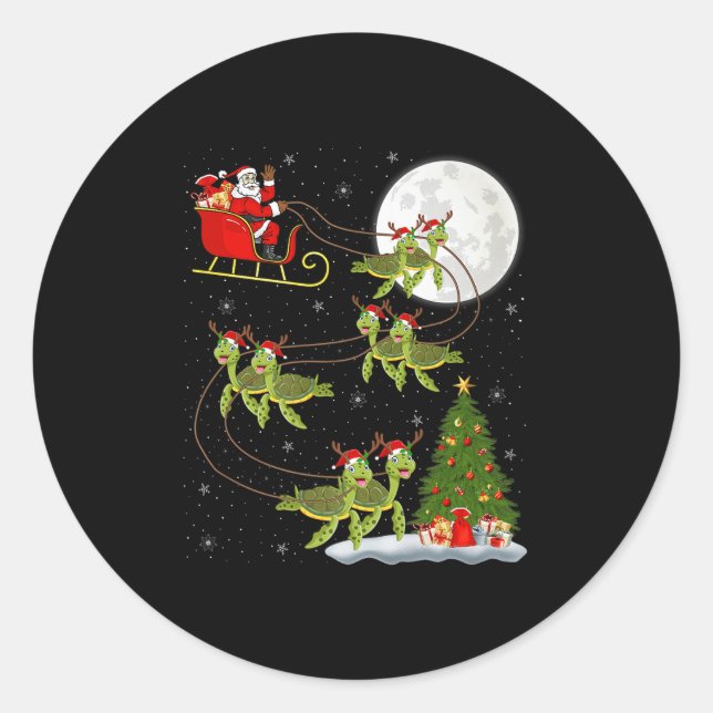Sticker Rond Sea Turtle Santa Sleigh Flying Funny Magical Chris (Devant)