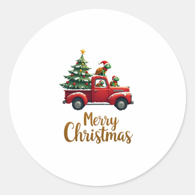 Sticker Rond Sea Turtles Driving Christmas Tree Truck Turtle Ch (Devant)
