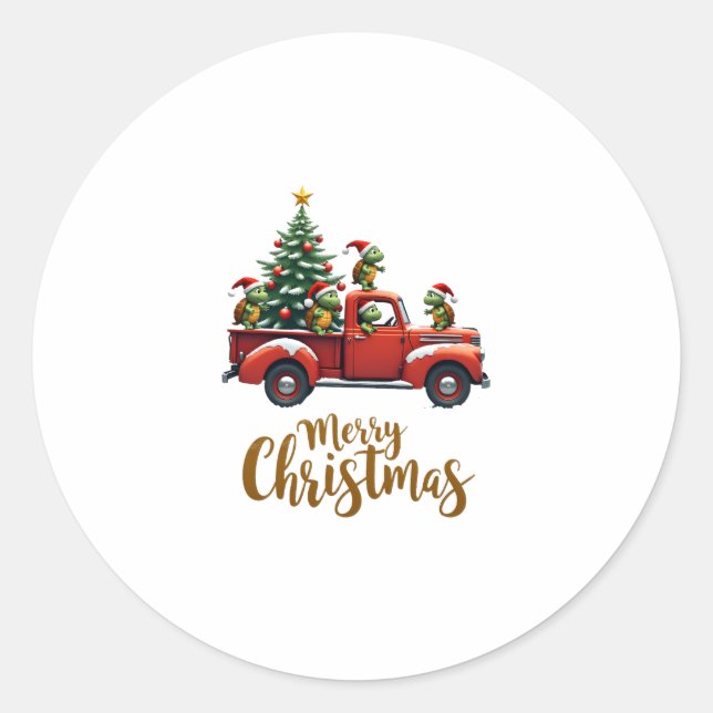 Sticker Rond Sea Turtles Driving Christmas Tree Truck Turtle Ch (Devant)