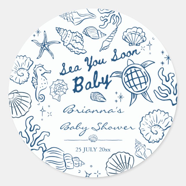 Sticker Rond Sea you soon seashells beach boy baby shower (Devant)