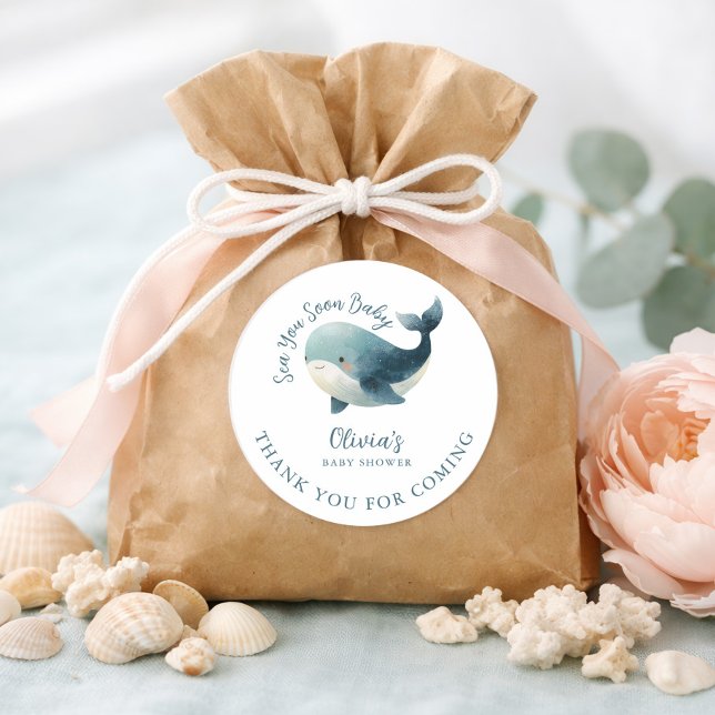Sticker Rond Sea You Soon Whale White Thank You Baby Shower (Créateur téléchargé)