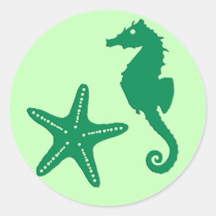 Sticker Rond Seahorse & Starfish, Emerald & Pastel Green
