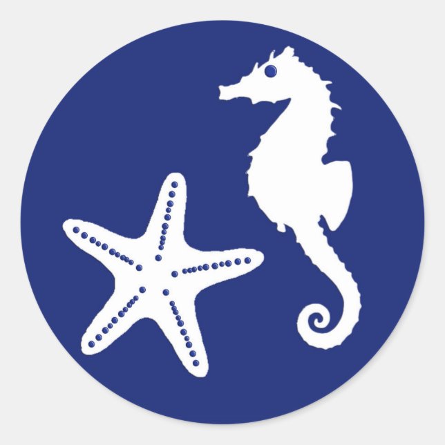 Sticker Rond Seahorse & Starfish, Navy Blue and White (Devant)