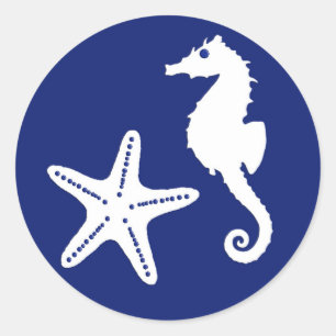 Sticker Rond Seahorse & Starfish, Navy Blue and White