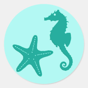 Sticker Rond Seahorse & Starfish, Turquoise et Aqua